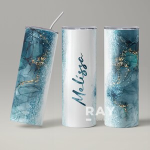 Personalized Marble Tumbler, Custom Name Tumbler, Birthday Gift for Her, Blue Marble tumbler, Gold Pattern, 20 oz Skinny Tumbler