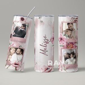 Personalizowany kubek ze zdjęciem, kubek ze zdjęciem, personalizowany kubek z motywem kwiatowym, dodaj swój tekst, marmurkowy wzór Poloroid, 20-uncjowy chudy kubek