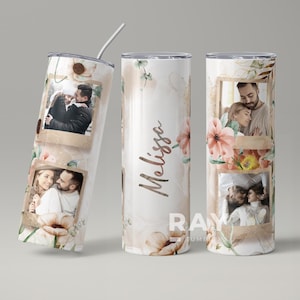 Personalizowany kubek ze zdjęciem, kubek ze zdjęciem, personalizuj kubek ze zdjęciem, dodaj swój tekst, kwiatowy wzór Poloroid, 20-uncjowy chudy kubek