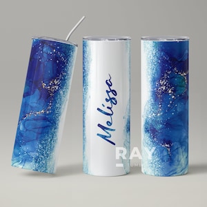 Personalized Marble Tumbler, Custom Name Tumbler,  Birthday Gift for Her, Blue Marble tumbler, Gold Pattern, 20 oz Skinny Tumbler