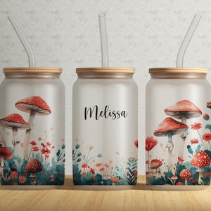 Mushroom Glass Can, Mushroom Iced Coffee Glass Cup, Personalized Custom Name Tumbler, Soda Can Glass Cup, 16 oz Libbey Glass Can Tumbler