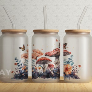Mushroom Glass Can, Mushroom Iced Coffee Glass Cup, Personalized Custom Name Tumbler, Soda Can Glass Cup, 16 oz Libbey Glass Can Tumbler