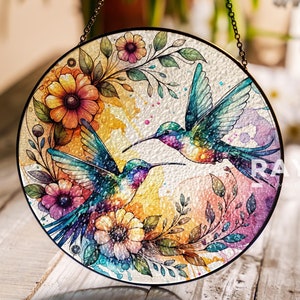 Hummingbirds and Flowers Suncatcher Stained Glass Wall Art Window Hanging Indoor Decor Gift for Women Lover Sun Catcher Gift for Mothers Day