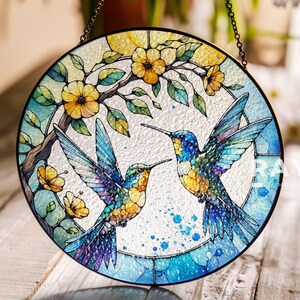 Hummingbird and Flowers Suncatcher Stained Glass Wall Art Window Hanging Indoor Decor Gifts for Women Lover Sun Catcher Gift for Mothers Day