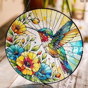 Hummingbird and Flowers Suncatcher Stained Glass Wall Art Window Hanging Indoor Decor Gifts for Women Lover Sun Catcher Gift for Mothers Day