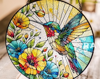 Atrapasueños de colibrí y flores, vitrales, arte de pared para colgar en la ventana, decoración de interiores, regalos para mujeres y amantes, atrapasol, regalo para el Día de la Madre