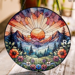 Landscape Mountain Range Suncatcher Stained Glass Wall Art Window Hanging Indoor Decor Gift for Women Lover Sun Catcher Gift for Mothers Day