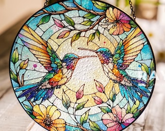 Atrapasueños de colibrí y flores, vitrales, arte de pared para colgar en la ventana, decoración de interiores, regalos para mujeres y amantes, atrapasol, regalo para el Día de la Madre