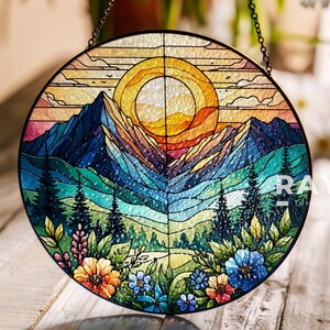 Landscape Mountain Range Suncatcher Stained Glass Wall Art Window Hanging Indoor Decor Gift for Women Lover Sun Catcher Gift for Mothers Day