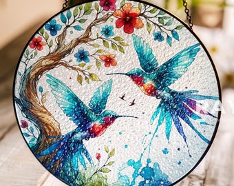 Atrapasueños de colibrí y flores, vitrales, arte de pared para colgar en la ventana, decoración de interiores, regalos para mujeres y amantes, atrapasol, regalo para el Día de la Madre