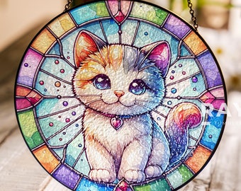 Cat Suncatcher Stained Glass Wall Art Window Hanging Indoor Decor Gifts for Women Sun Catcher Gift for Mothers Day Birthday Gift for Her Mom