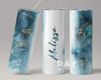 Personalized Marble Tumbler, Custom Name Tumbler, Birthday Gift for Her, Blue Marble tumbler, Gold Pattern, 20 oz Skinny Tumbler
