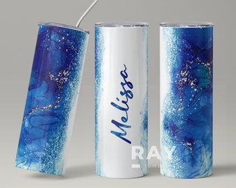 Personalized Marble Tumbler, Custom Name Tumbler,  Birthday Gift for Her, Blue Marble tumbler, Gold Pattern, 20 oz Skinny Tumbler