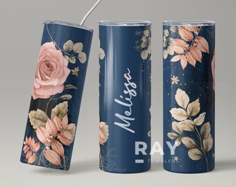 Personalized Flower Tumbler, Custom Name Tumbler, Birthday Gift for Her, Blue Floral tumbler, Rose Pattern, 20 oz Skinny Seamless Tumbler