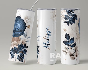 Personalized Blue Floral Tumbler, Custom Name 20 oz Stainless Steel