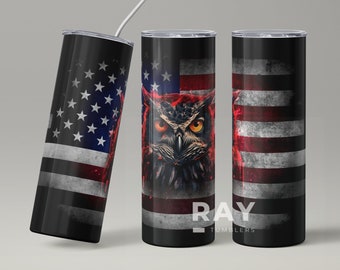 Tumbler bandiera USA Design, bandiera americana USA, 4 luglio, 20 oz Skinny Tumbler Seamless Design, Patriottico, Gufo, Regalo per Papà Padre Marito