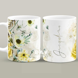 Personalized Name Mug, Floral Mug Sublimation, Name Coffee Cup Floral Design, Flower Mug Wrap, 11 & 15 Oz Mug, Gift For Her
