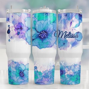Personalised 40oz Flower Tumbler with Handle, lid and Straw, Custom 40oz Floral Cup, Gift For Her, 40oz Cup Bright Floral Tumbler with Straw
