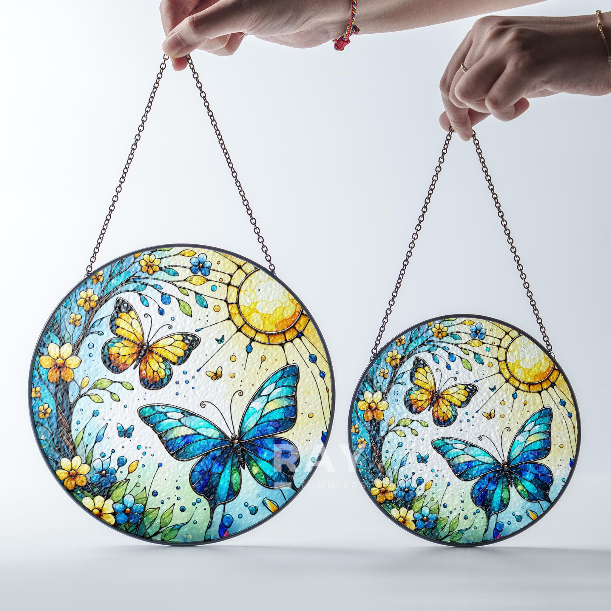 Acchiappasole In Vetro Colorato 25 Cm, Girasole E Farfalle, Con Catena E Ventosa, Decorazione Da Finestra, Regalo Per Mamma - 3