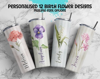 Custom Birth Flower Tumbler Personalized Tumbler With Name Gift for Her Birthday Gift Flower Tumbler for Bridemaid Gift 20 oz Skinny Tumbler