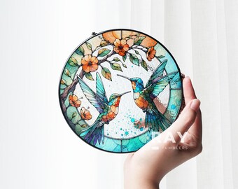 Acchiappasole in vetro colorato con cardinale e colibrì / Arte da appendere alla finestra con uccelli vivaci / Acchiappasole ispirato alla natura come