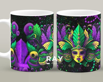 Mardi Gras-mok, Mardi Gras-carnavalmaskerontwerp, Fleur de Lis-mok, Mardi Gras-koffiekop, cadeau voor liefhebbers van Mardi Gras, mok van 11 en 15 oz