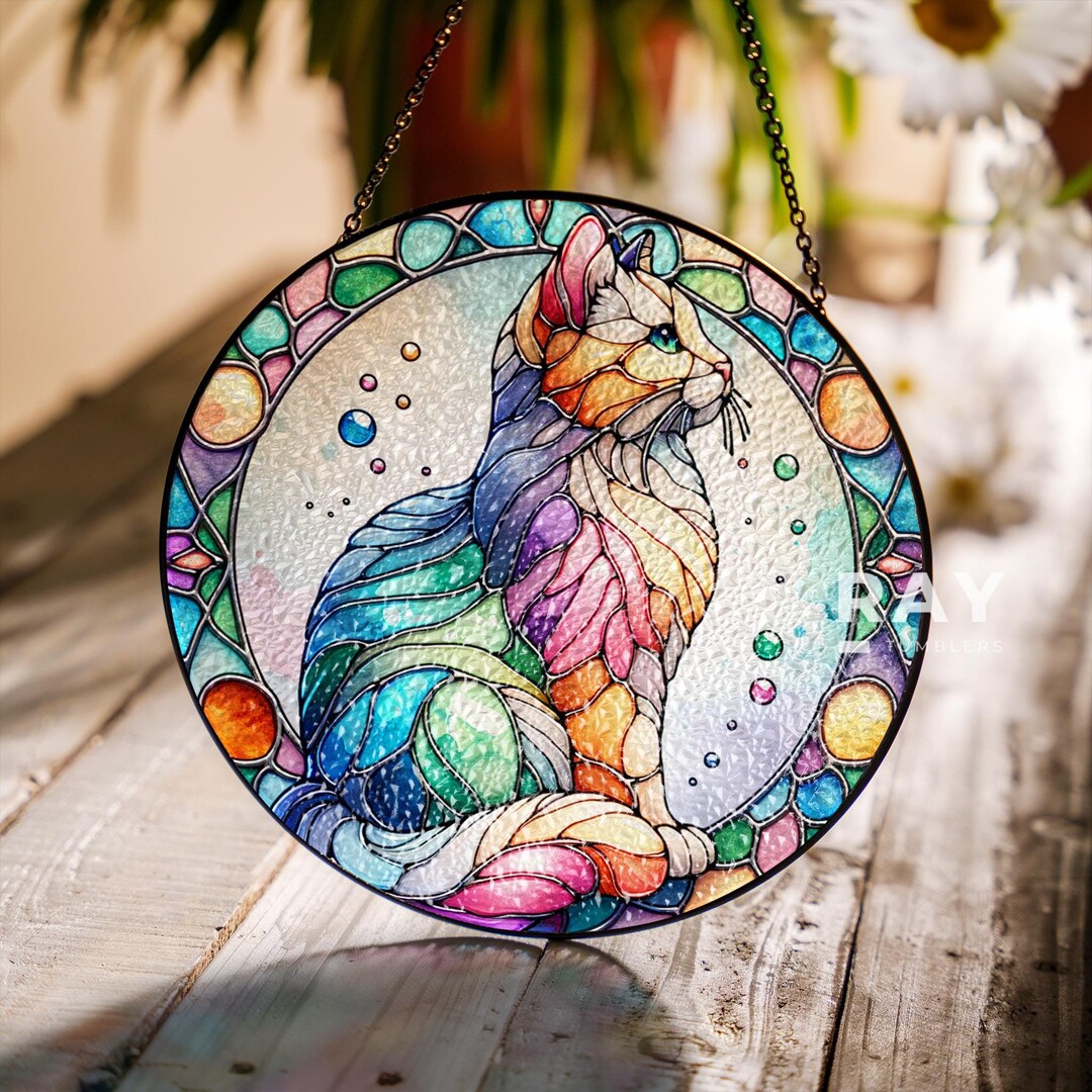 Cat Suncatcher Stained Glass Wall Art Window Hanging Indoor Decor Gifts ...