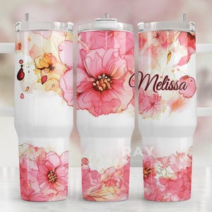 Personalised 40 oz Flower Tumbler with Handle, lid and Straw, Custom 40oz Floral Cup, Gift For Her, 40oz Cup Floral Tumbler with Straw