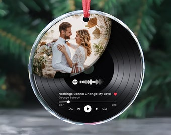 Personalized Custom Song Photo Ornament, Couple Song Crystal Glass Ornament, Record Player, Couples Keepsake, Christmas Tree Decoration
