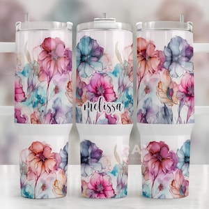 Personalised 40 oz Flower Tumbler with Handle, lid and Straw, Custom 40oz Floral Cup, Gift For Her, 40oz Cup Floral Tumbler with Straw