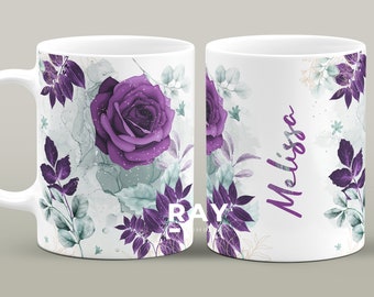 Gepersonaliseerde naammok, paars-roségouden bloemensublimatie, naam koffiekopje bloemdessin, bloem mokomslag, mok van 11 en 15 oz, cadeau voor haar