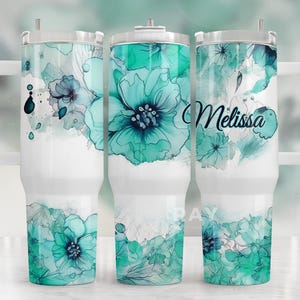 Personalised 40 oz Flower Tumbler with Handle, lid and Straw, Custom 40oz Floral Cup, Gift For Her, 40oz Cup Floral Tumbler with Straw