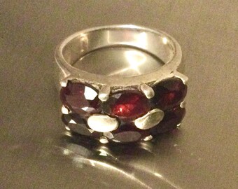 Vintage cocktailring granaat en sterlingzilver, maat 54-17 mm, dikke modernistische ring in art-decostijl 925, rode natuurlijke edelstenen