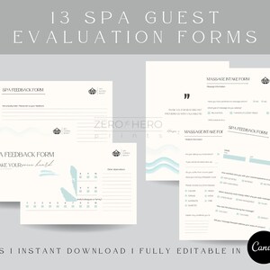 May include: A set of 13 spa guest evaluation forms. The forms include spa feedback and massage intake forms. The forms are in a light colour palette with blue accents and bamboo illustrations. The text on the forms includes "Spa Feedback Form" and "Massage Intake Form".
