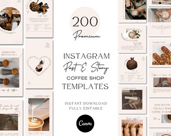 Instagram-mallar för kaféer: 200 inläggs- och storydesigner (Canva)
