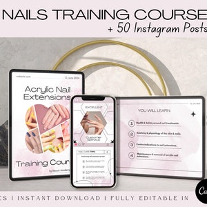 Può includere: Corso di formazione digitale per unghie con 50 post su Instagram. Il corso include extension per unghie in acrilico, salute e sicurezza e anatomia. Completamente modificabile in Canva, disponibile in due dimensioni.