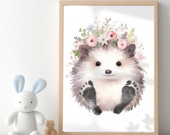 hedgehog Baby Footprint Kit Nursery Decor | Cute baby footprint Christmas |  Safari Animals Baby Boy Girl New Baby Gift Animal Wall prints