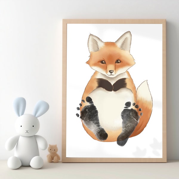 Fox Baby Footprint Kit Nursery | Cute Safari Animals prints | New baby shower handprint keepsake gift | First year child footprint wall art