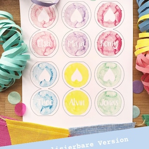 6 Namenkärtchen Namensschilder Papier Tischdeko Geburtstagsdeko Kindergeburtstag rosa lila pink mint gelb blau personalisierbar Tischkarten