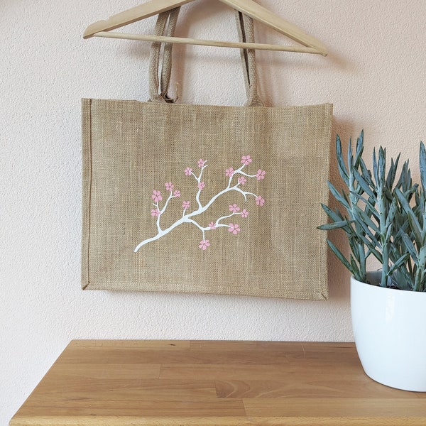 Jutetasche Tasche Beutel Einkaufstasche natur mit Kirschblütenzweig Kirschblüte Sommertasche Pink Grün