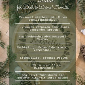 May include: A round wooden serving platter with German text, surrounded by pine branches and cones. The platter is available in 25 cm or 30 cm sizes. The text indicates it's made of bamboo and can be personalised.