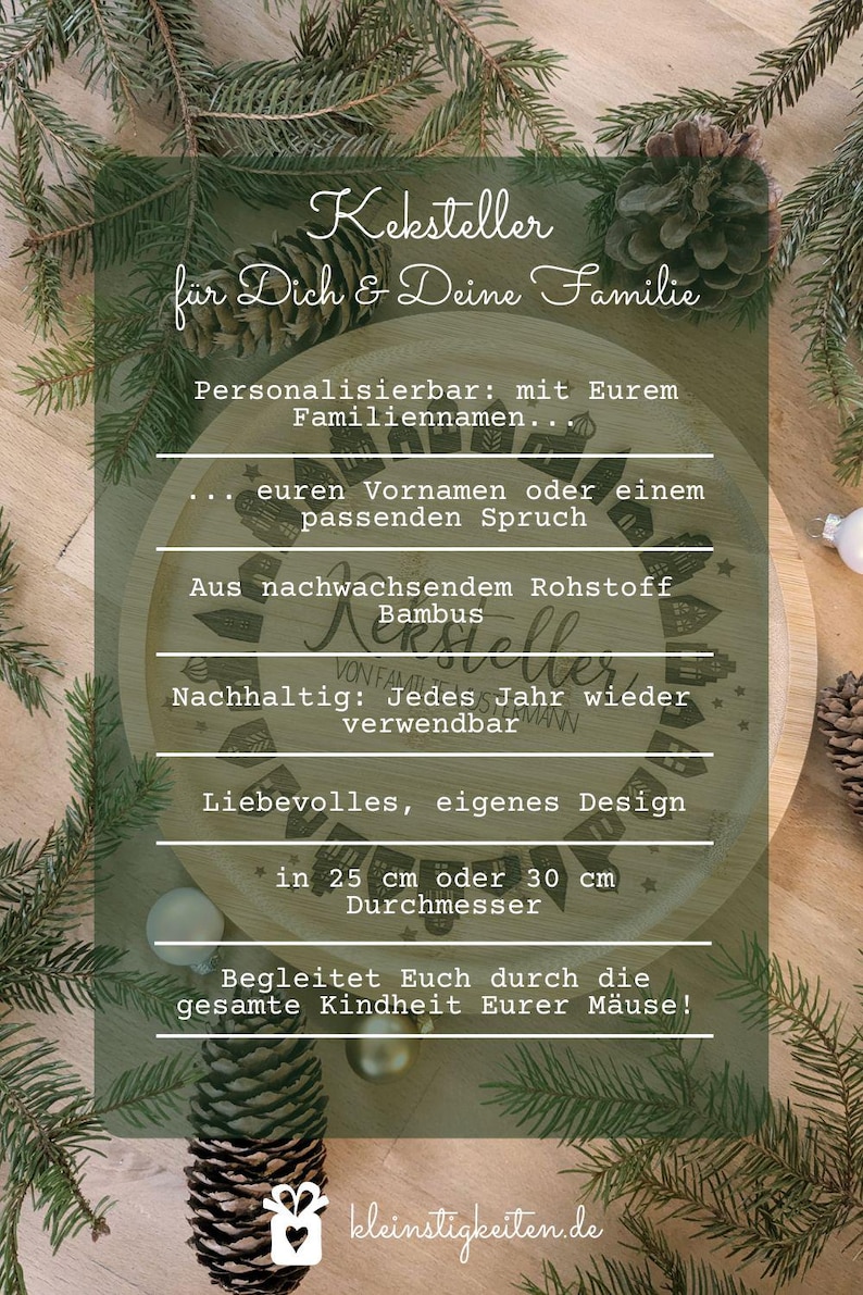 May include: A round wooden serving platter with German text, surrounded by pine branches and cones. The platter is available in 25 cm or 30 cm sizes. The text indicates it's made of bamboo and can be personalised.