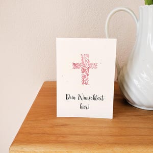 Personalisierbare Glückwunschkarte mit Kreuz aus Blumen in rosa & Wunschtext zur Firmung Kommunion Konfirmation Taufe mit eigenem Text