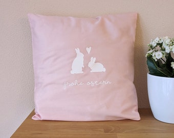 Rosa Kissenhülle Ostern 40x40 cm Osterkissen Hasenkissen Kissen mit Osterhasen Hasenpärchen rosa