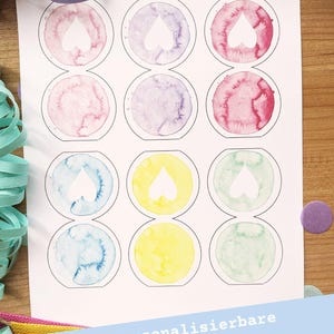 6 Namenkärtchen Namensschilder Papier Tischdeko Geburtstagsdeko Kindergeburtstag rosa lila pink mint gelb blau Tischkarten