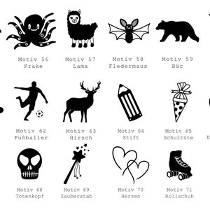 May include: Black and white illustrations of various objects, including an airplane, octopus, llama, bat, bear, dolphin, island, soccer player, deer, pencil, school cone, squirrel, star, skull, magic wand, hearts, and a roller skate. Each illustration is labeled with a German word and number.