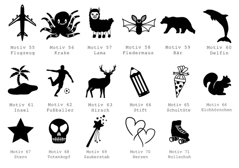 May include: Black and white illustrations of various objects, including an airplane, octopus, llama, bat, bear, dolphin, island, soccer player, deer, pencil, school cone, squirrel, star, skull, magic wand, hearts, and a roller skate. Each illustration is labeled with a German word and number.