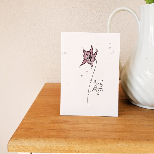 Grußkarte Blumenkarte Lineart Karte mit Blume Akelei in violett Klappkarte Postkarte