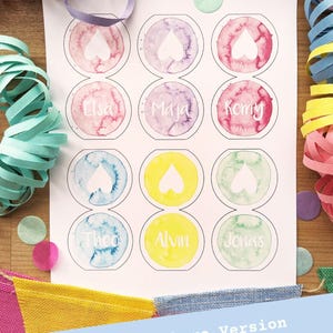 Download: cartões de lugar personalizáveis e etiquetas de nome para aniversários | Decoração de mesa de aniversário decoração para o aniversário das crianças colorido