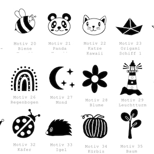 May include: Black and white illustrations of 36 different designs, including a butterfly, bee, panda, cat, origami boat, cactus, rainbow, moon, flower, lighthouse, dragon, crown, ladybug, hedgehog, pumpkin, tree, and ghost. Each design is labeled with a number and a German word.